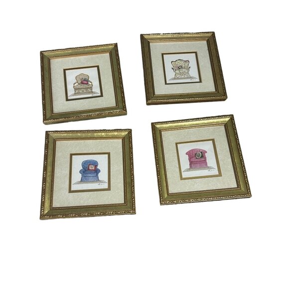 Vintage Armchair Framed Prints Set of 4 Framed in Gold Tone - Picture 2 of 8